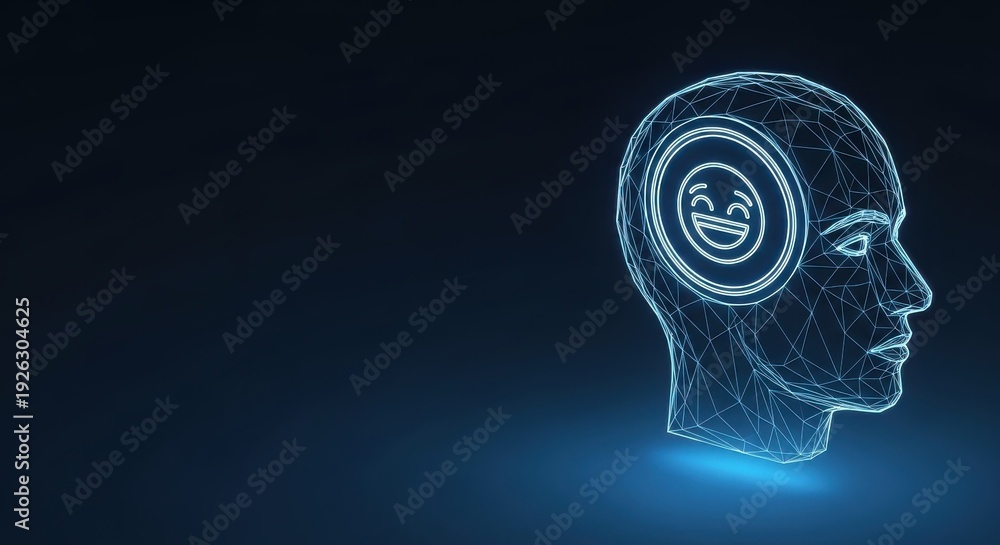 Obraz premium Digital Head Wireframe With Happy Emoji Inside Concept of Artificial Intelligence and Joyful Thought