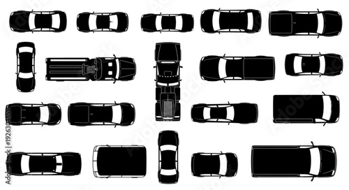 Overhead view of various black vehicles, showcasing diverse car and truck designs.