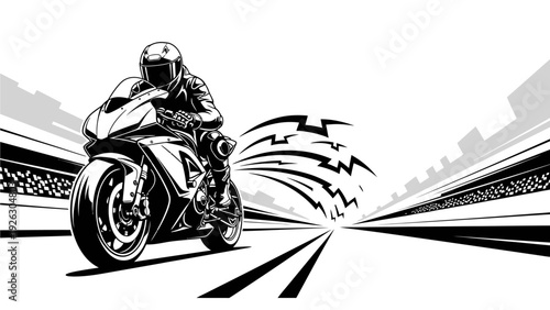 Black and white illustration of a motorcyclist riding on a racetrack with motion lines, against a cityscape background.