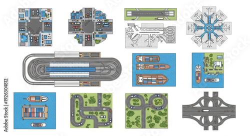 Collection of toy train sets and road layouts for childrens playtime activities.
