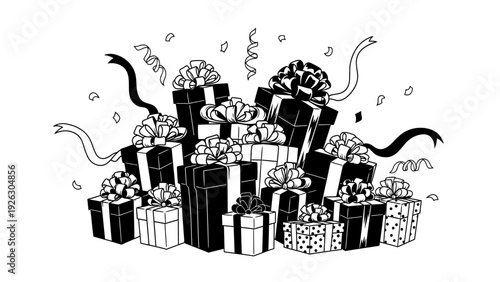 A black and white illustration of a pile of wrapped gifts with ribbons and bows on a plain white background in a celebratory mood.
