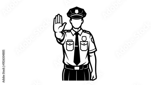 Line drawing of a police officer in uniform with right hand raised in a stopping gesture against a plain white background.
