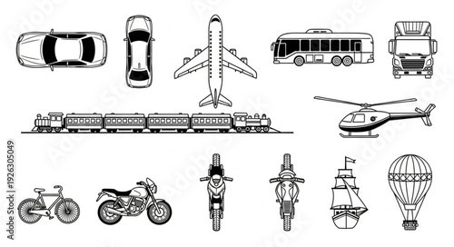 Collection of various transportation vehicles in black and white, top view.