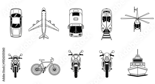 Collection of various transportation vehicles in top-down view, black and white illustrations.