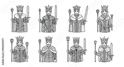 Detailed illustration of nine regal kings with crowns and scepters
