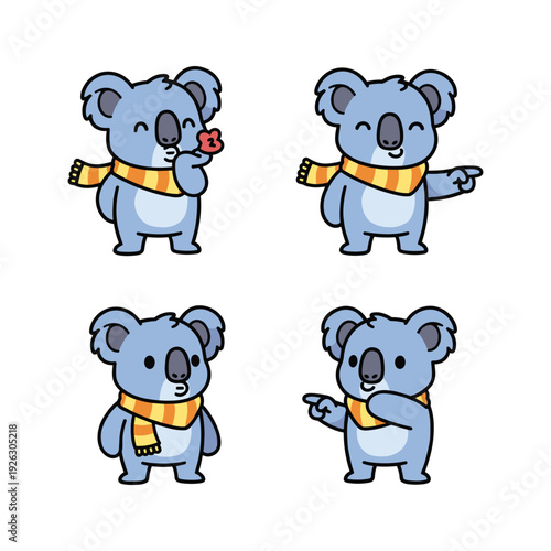 Canvas Print Cartoon koalas with scarf gesturing and holding flower on white background
