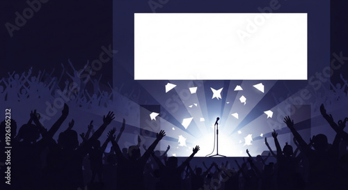 Concert stage with raised hands spotlight shining and empty screen for presentation or performance at nightclub or music festival with excited audience