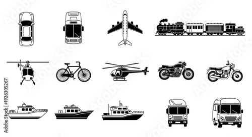 Collection of various transportation vehicles in black and white, top view.