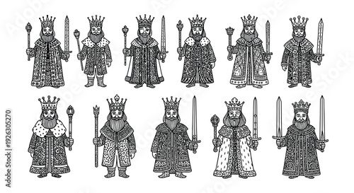 Detailed illustration of nine regal kings with crowns and scepters