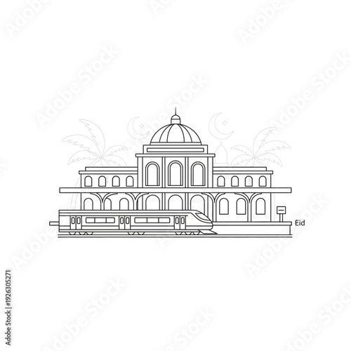 Modern Train Arriving at Grand Station Line Drawing