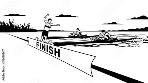 Black and white illustration of a triumphant athlete crossing the finish line with arms raised in victory ahead of two other competitors in a rowing race on a serene lake with a scenic