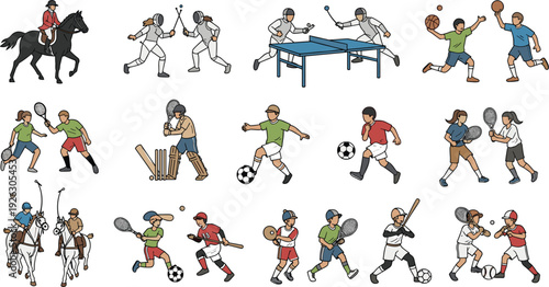 Collection of diverse male and female athletes playing competitive sports including soccer, fencing, cricket, baseball, equestrian, tennis, and polo.