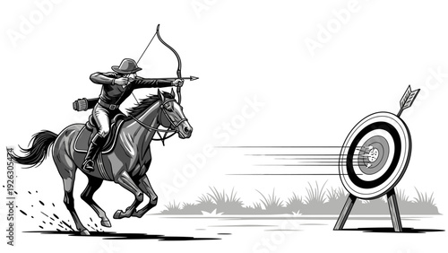 Black and white illustration of a cowboy on horseback aiming a bow and arrow at a target with a bullseye, set against a plain background with grassy terrain.