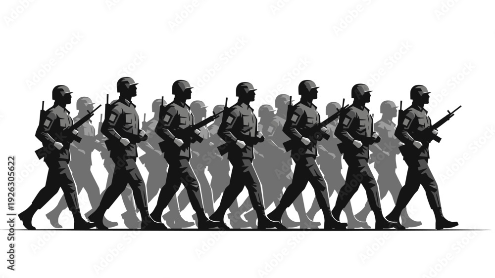 Obraz premium Silhouette of a military unit marching in formation with rifles against a white background with shadows.