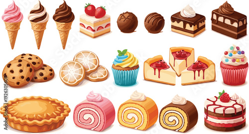 Delicious bakery collection featuring soft serve ice cream, strawberry cake, chocolate truffles, cupcakes, cheesecake, cookies, fruit pie, and colorful swiss rolls isolated on white.
