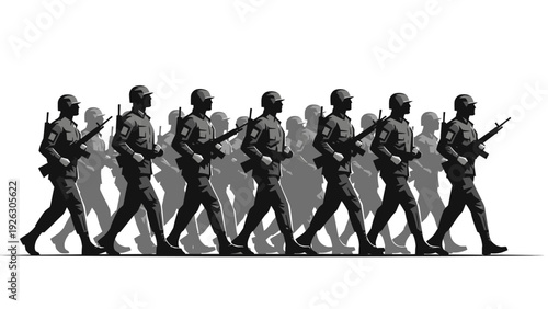 Silhouette of a military unit marching in formation with rifles against a white background with shadows.