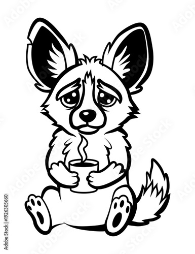 Sleepy small fox enjoying sunset coffee, Fennec fox resting with hot drink at sunset, Small fox from desert peacefully unwinded with steaming beverage beneath sunset sky in studio