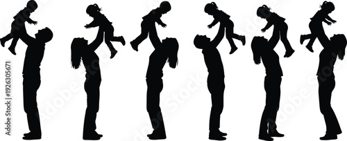 Father Lifting Child in Air, Silhouette Sequence of Dad Playing with Daughter Showing Love and Bonding Isolated on White Background