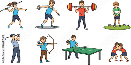Collection of flat vector athletes practicing various sports including archery javelin discus weightlifting golf table tennis and wrestling for fitness and competition concepts.