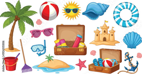 Colorful summer vacation vector set featuring palm tree beach sandcastle suitcase and swimming accessories isolated on white background for seasonal travel and tourism promotion.