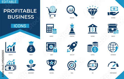 Profitable business solid icon set featuring profit, revenue, growth, success, finance, investment, and money. Professional vector set for corporate branding.
