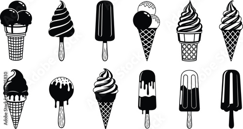 Black vector silhouette set of twelve diverse ice cream cones popsicles and frozen desserts for summer food branding cafe menu design and sweet advertising