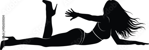 Sensual Woman Lying on Floor, Elegant Female Silhouette in High Heels Posing Gracefully Isolated on White 