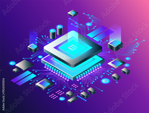 Electronic cpu digital chip. Abstract computer processor and electronic components on motherboard or circuit board. Eelectronic devices on microchip or microprocessor, hardware engineering. AI