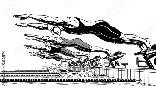 Monochrome illustration of multiple swimmers in various diving positions off a starting block into a pool with a metal railing, captured in a dynamic sequence.