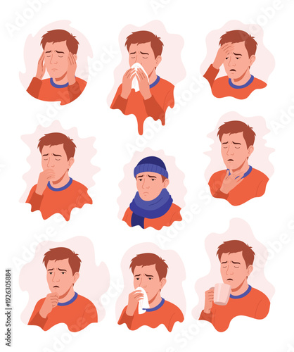 Flu symptoms. Man showing cold symptoms. Flu symptoms fever, cough, chills, dizziness, nausea, runny nose, headache. Vector set for flu prevention poster