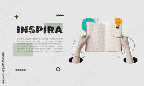 hands holding open book with vintage dotted texture and doodle
