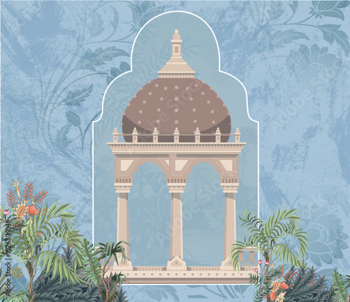 Abstract background with tropical tress and traditional arch for textile or wallpaper print, vector illustration design.