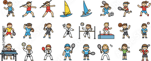 Set of diverse children and youth athletes participating in various sports including soccer, tennis, karate, sailing, track and field, volleyball, and table tennis, hand-drawn doodle style vector icon