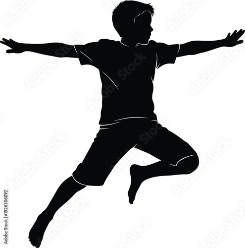 Happy Boy Jumping in Air, Silhouette of Energetic Child with Arms Outstretched Isolated on White Background