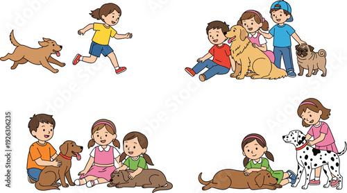 Happy diverse children playing and bonding with their pet dogs in a flat cartoon style vector set for educational books or veterinary clinic marketing.