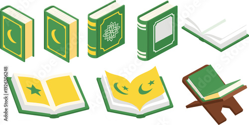 Islamic Holy Quran book vector set featuring isometric green hardcover designs with gold crescent moon symbols open pages with Arabic calligraphy stars and wooden book stand Rehal.