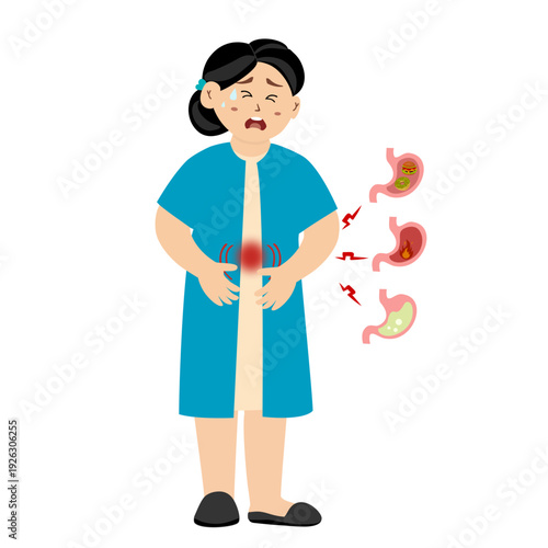 Woman suffering from stomach pain, acid reflux. Vector illustration of gastritis concept.
