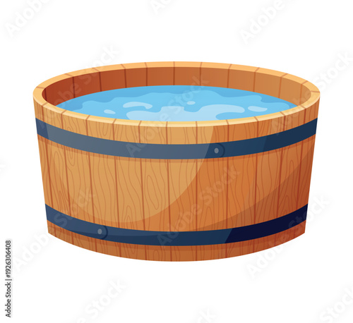 Wooden bath. Wood tub, cartoon rustic water bath barrel for public sauna traditional banya or onsen japanese hot spring, wellness relaxing bathtub basin neat vector illustration of tub bath wooden