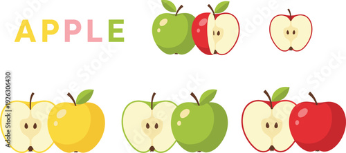 Fresh apple fruit vector set featuring red green and yellow varieties with whole fruits and half slices for healthy eating grocery branding organic orchard harvest and kitchen recipe illustration.