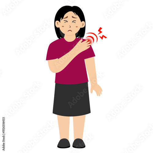 Woman with shoulder pain. Woman is shown holding her shoulder with a pained expression, indicating discomfort shoulder pain. vector illustration

