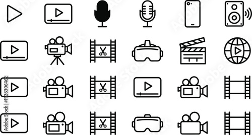 Media production and streaming icon set with video camera microphone film reel VR headset outline vector collection