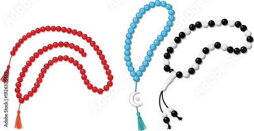 Realistic Islamic prayer beads tasbih collection featuring red blue and black misbaha strings with decorative tassels and crescent moon charms for Ramadan Eid and religious spiritual meditation.