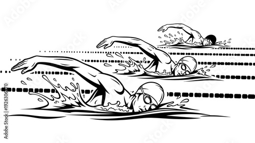 Black and white illustration of two competitive swimmers in swimming caps diving into water with dynamic splashes and ripples on a white background.