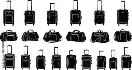 Black vector silhouette set of twenty diverse travel suitcases on wheels and duffel bags for tourism luggage branding vacation trip and professional transport advertising