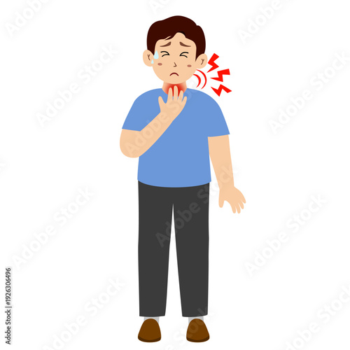 Man has a sore throat. have influenza or covid symptoms. Vector illustration