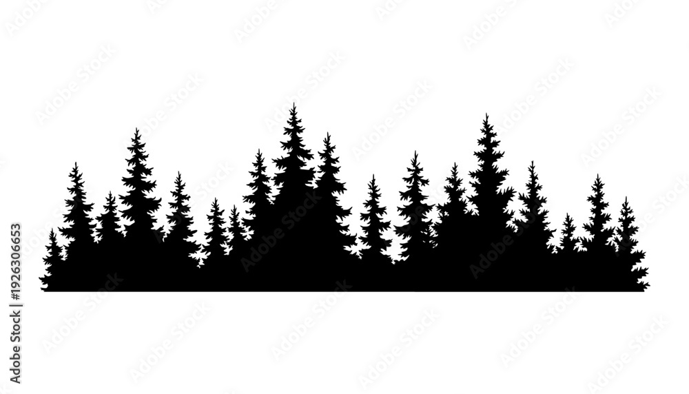 Fototapeta premium Fir trees silhouette. Coniferous spruce horizontal background pattern, black evergreen woods vector illustration. Beautiful hand drawn panorama of coniferous forest