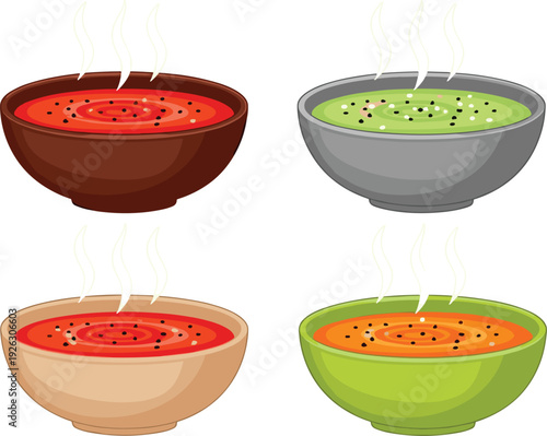 Set of steaming hot soup bowls featuring tomato cream and vegetable puree with seasoning and herb garnish for restaurant menu healthy organic dining and winter comfort food flat vector illustration.