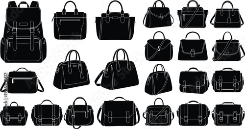 Black vector silhouette set of twenty diverse women handbags backpacks briefcases and satchels for fashion retail branding accessories shopping and professional luggage advertising