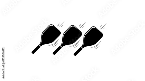 Three black table tennis paddles with motion lines on a white background in a graphic illustration.
