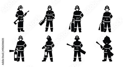 Black and white illustration of firefighters in various action poses